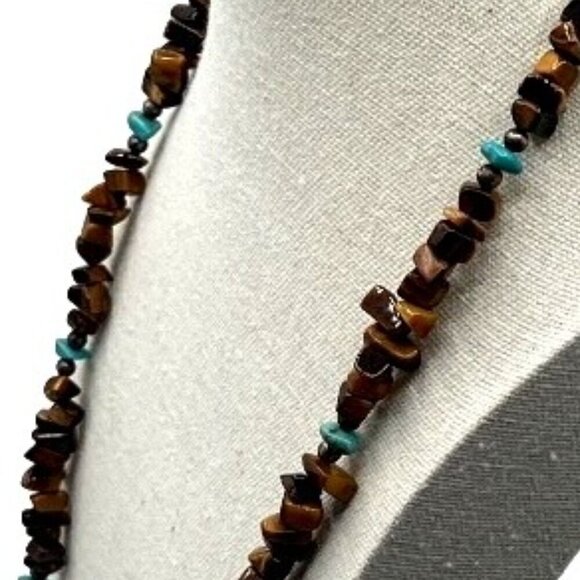 Vintage Tiger Eye & Genuine Turquoise Beaded Necklace - Picture 4 of 6